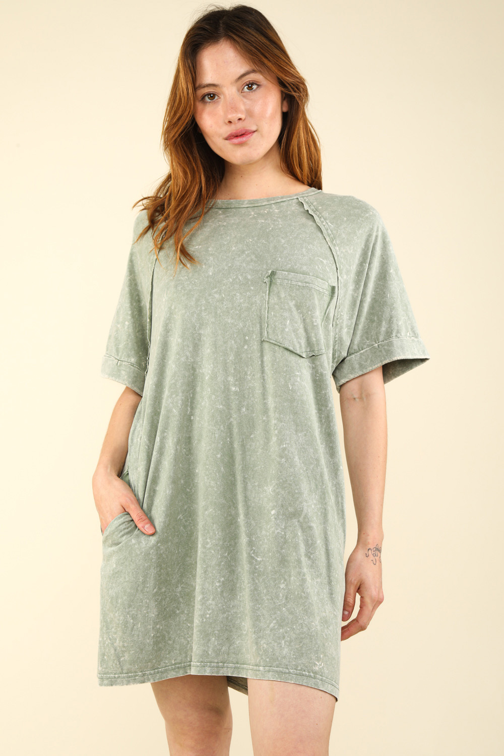 Leonia Short Sleeve Pocket T-Shirt Dress - BACK IN STOCK Sage / L Leonia Short Sleeve Pocket T-Shirt Dress - BACK IN STOCK Sage / L