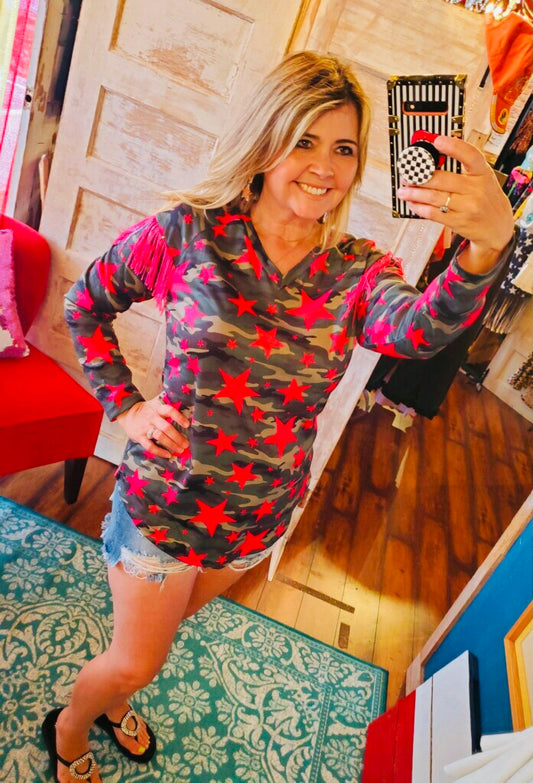 Neon Pink Camo Stars Top