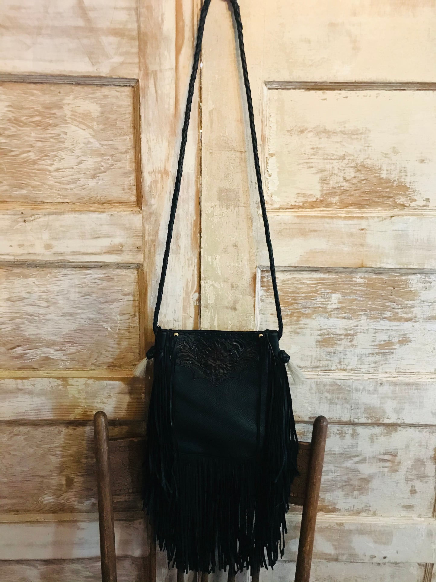 BLACK FRINGE TOOLED BAG