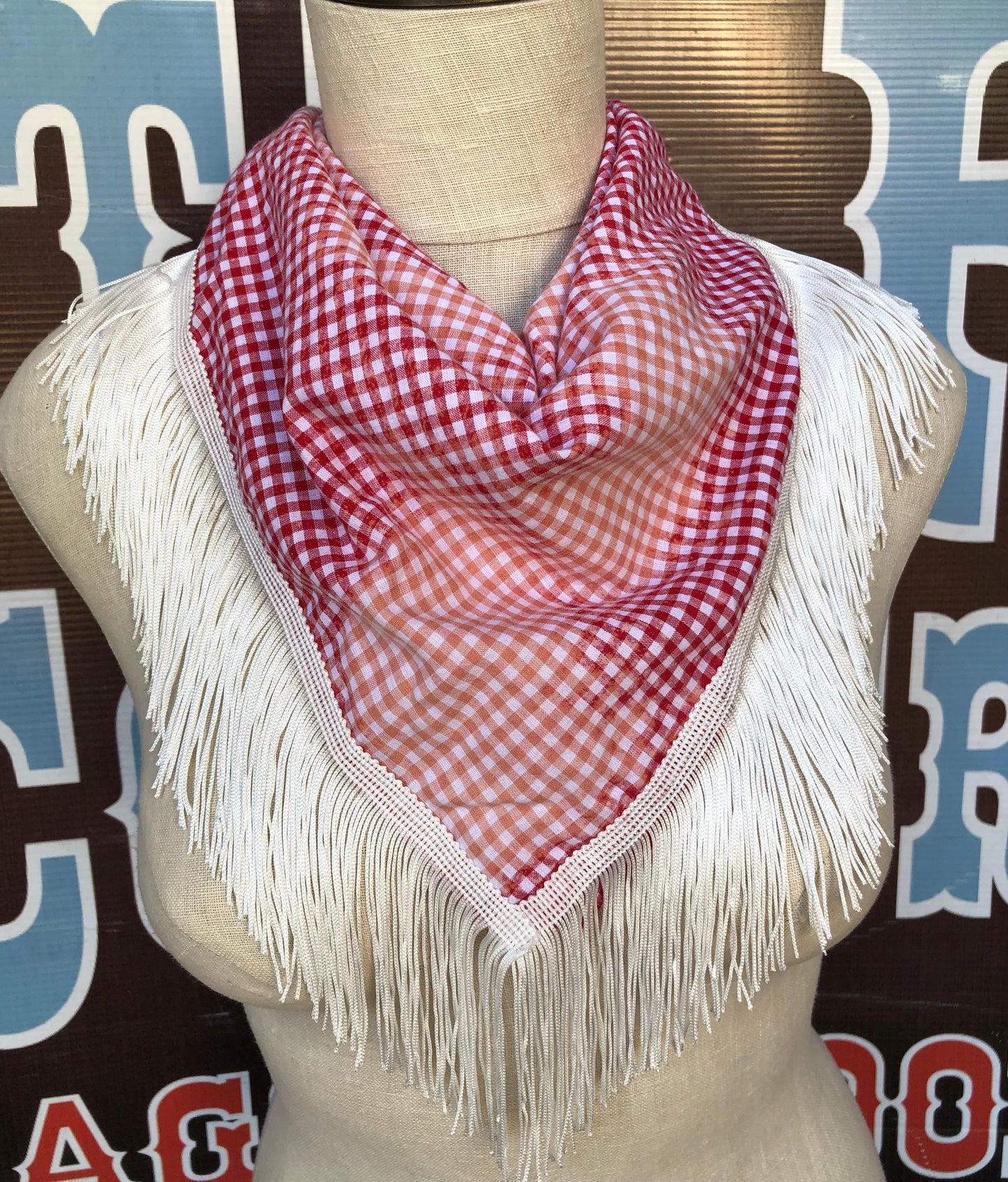 RED CHECKERD FRINGE SCARF BANDANA