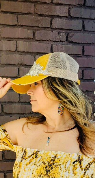 MUSTARD BLING BASE BALL CAP