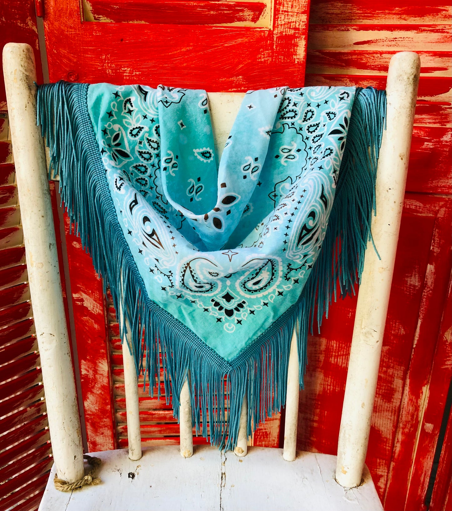 TURQUOISE FRINGE BANDANA SCARF