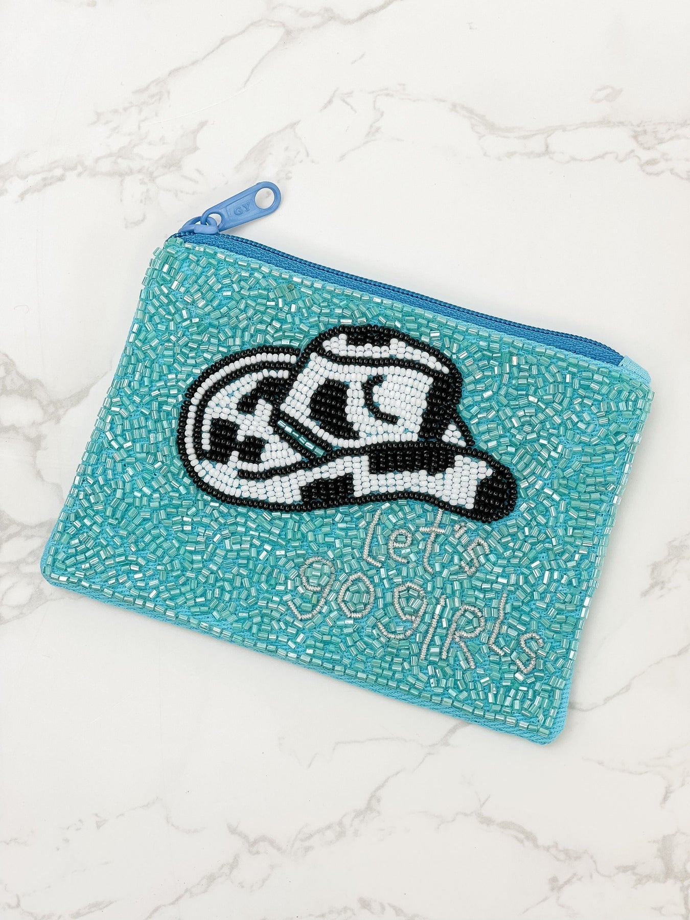 "Lets go Girls" Rodeo Hat Beaded Zip Pouch in Blue