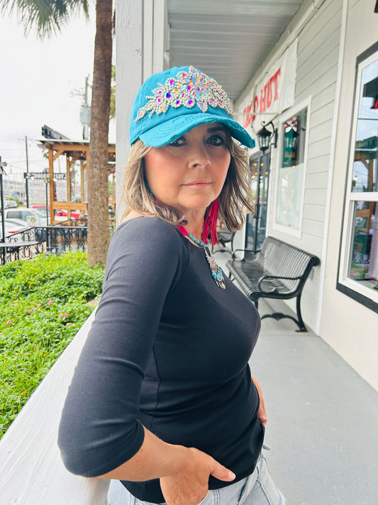 TURQUOISE RHINESTONE CAP