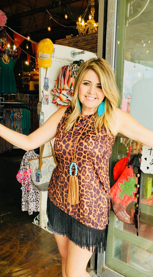 Leopard Fringe Top