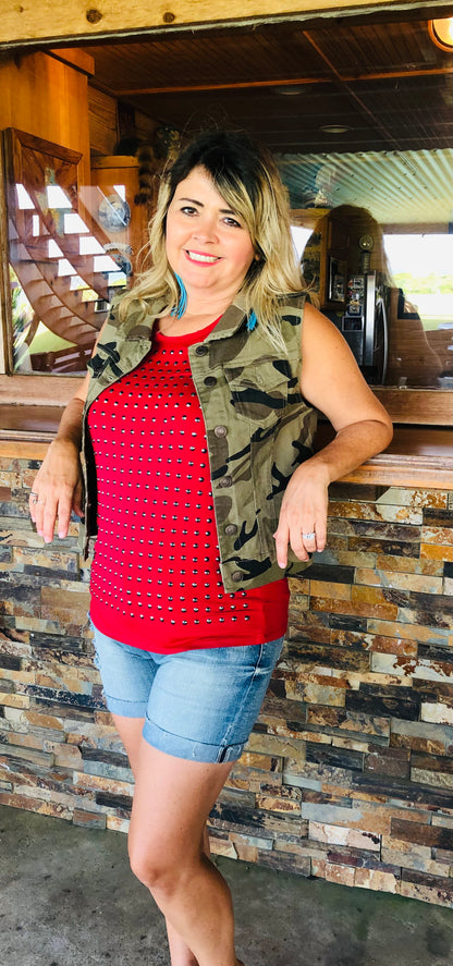 RED STUDDED TANK TOP