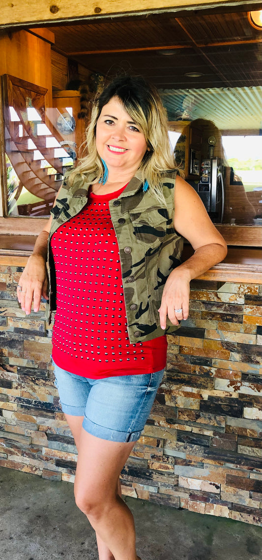 RED STUDDED TANK TOP