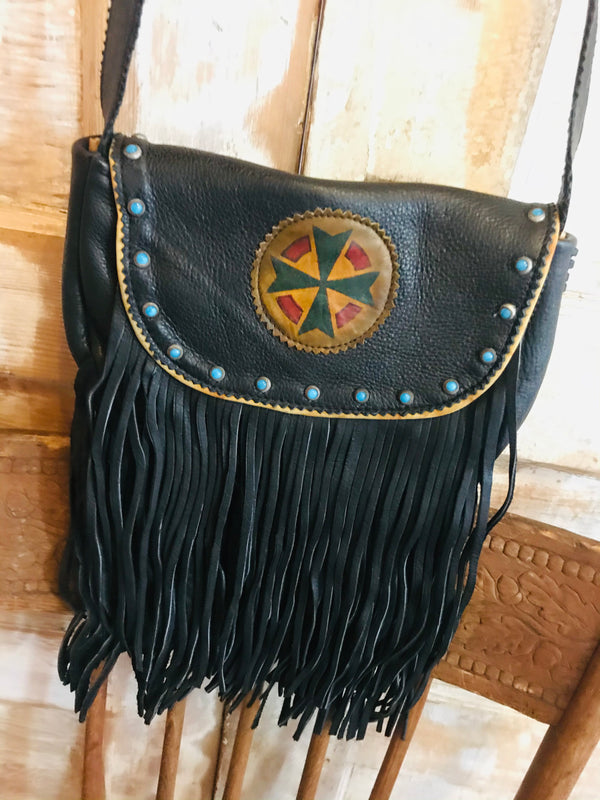 Fringe Leather Beaded Crossbody Purse - Brown