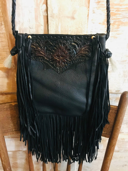 BLACK FRINGE TOOLED BAG